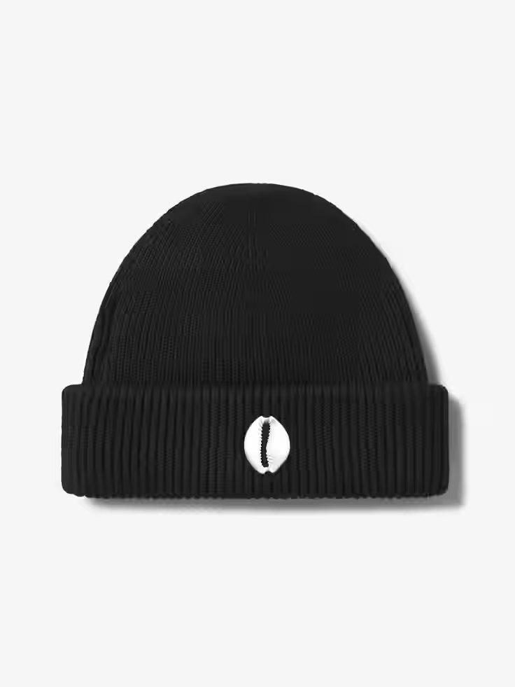 Black cuffed beanie with a white cowrie emblem