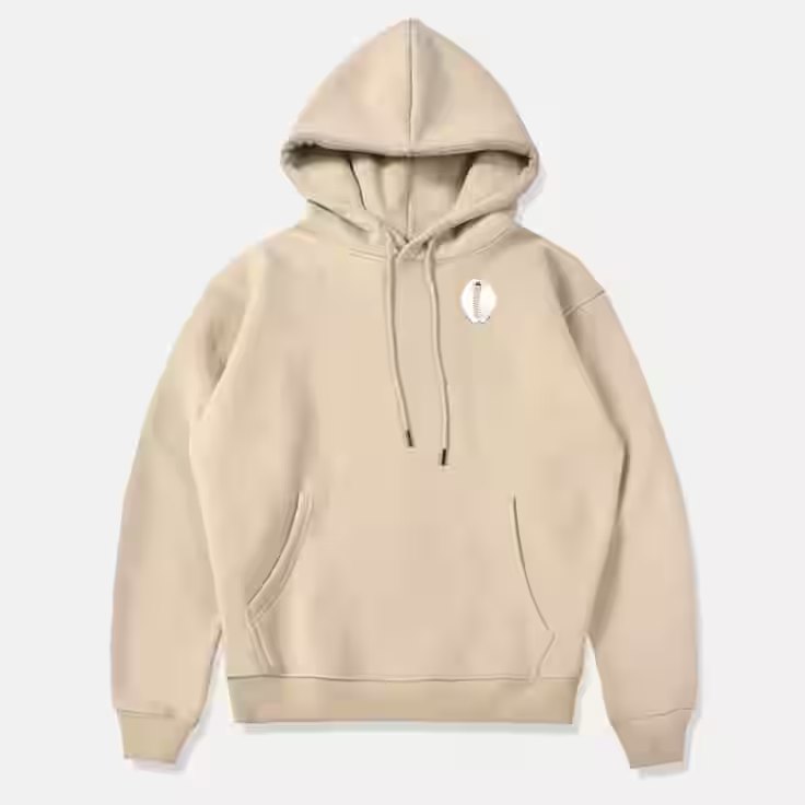 Sand-coloured pullover hoodie with a white cowrie emblem on the chest