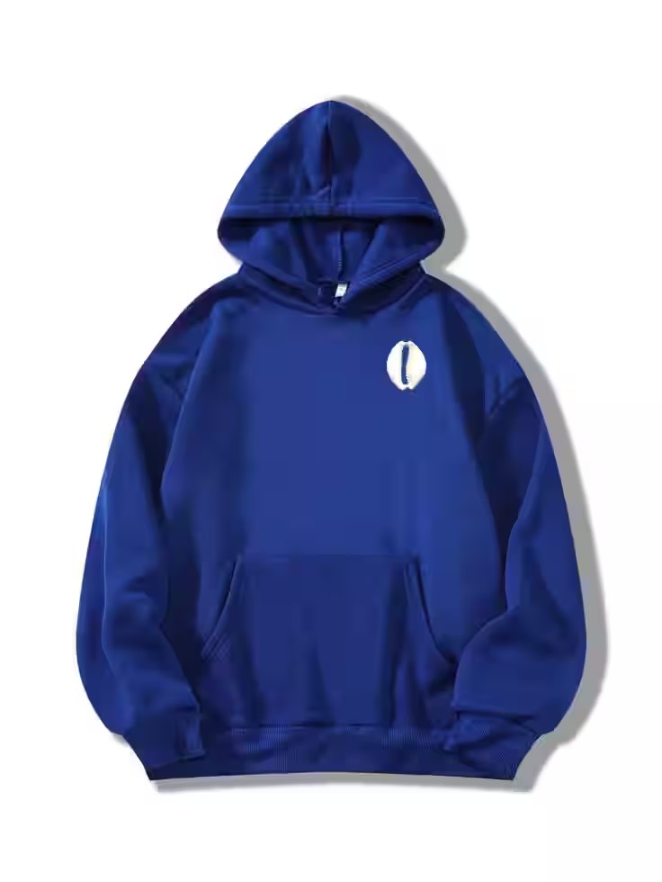 Royal blue pullover hoodie with a white cowrie emblem on the chest