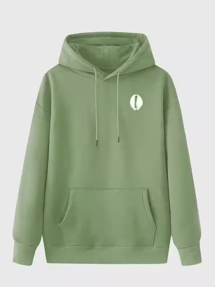 Sage green pullover hoodie with a white cowrie emblem on the chest