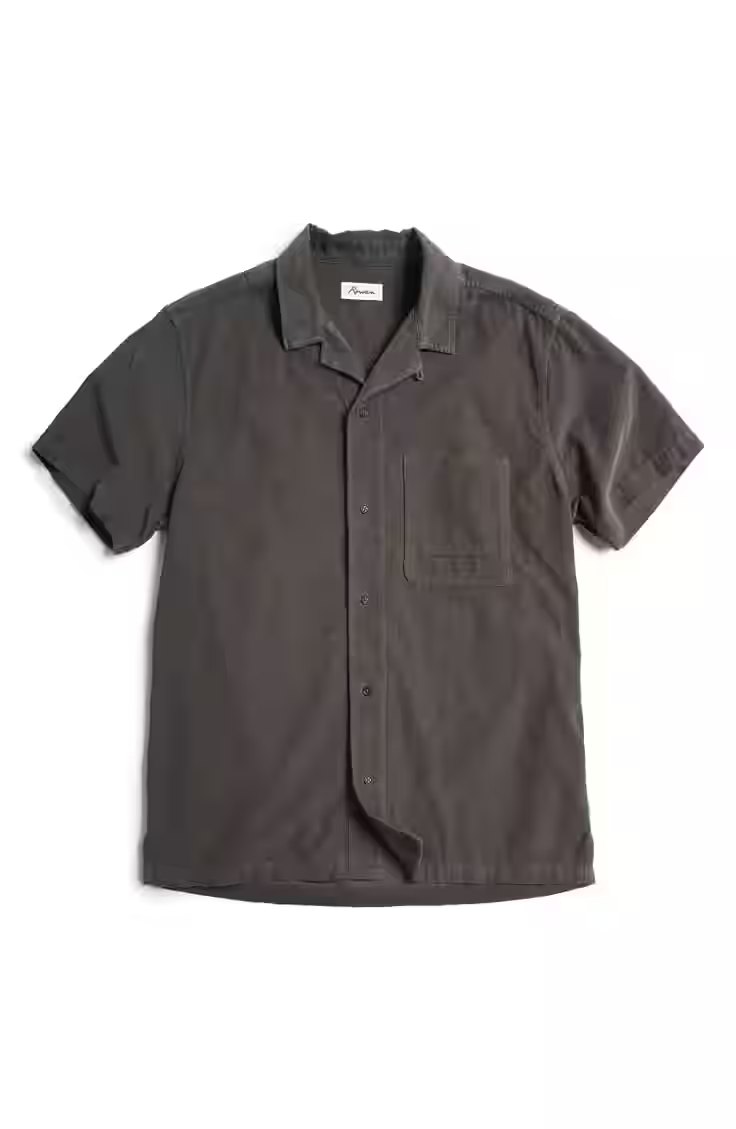 Charcoal short-sleeve camp-collar shirt with a chest pocket